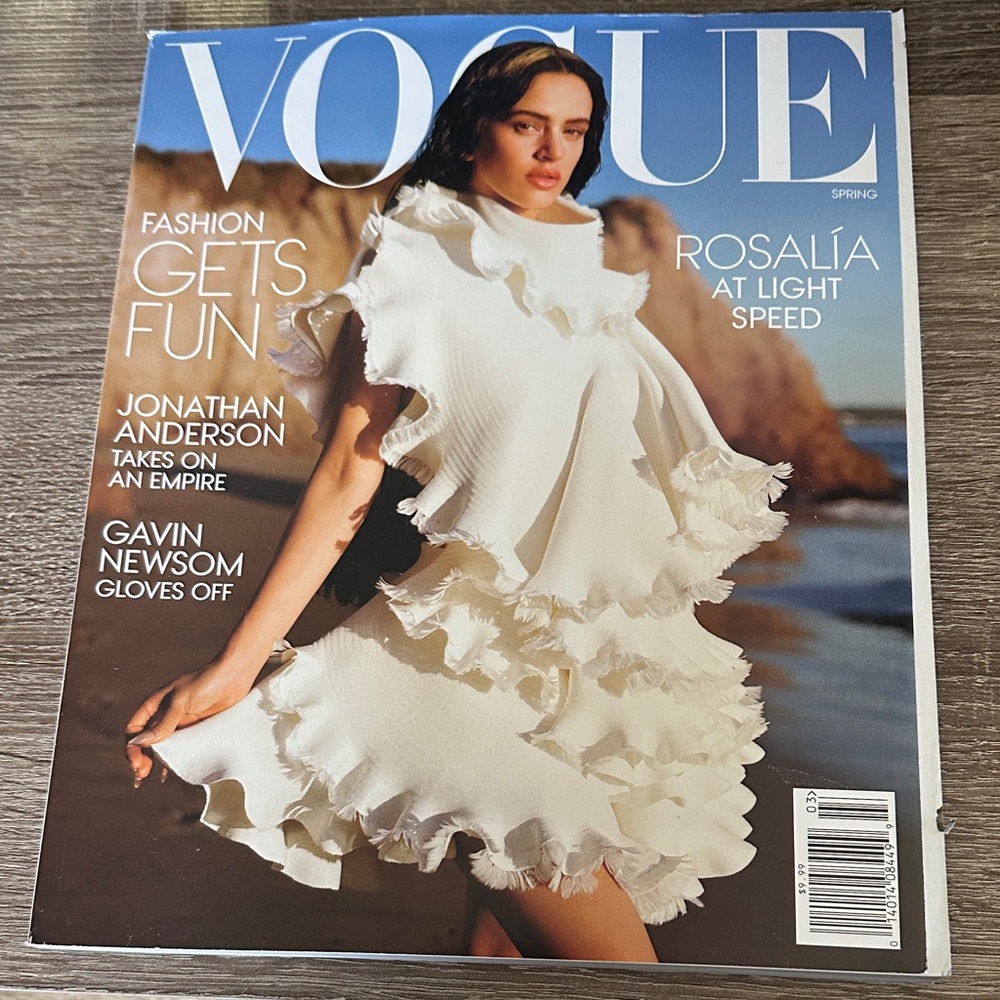 Vogue Cover in White Ruffled Dress with Blue Sky Accents